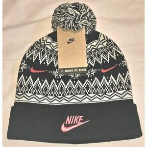 NWT Youth Nike Peak Fair Isle Beanie Black White Red With Black White Removable